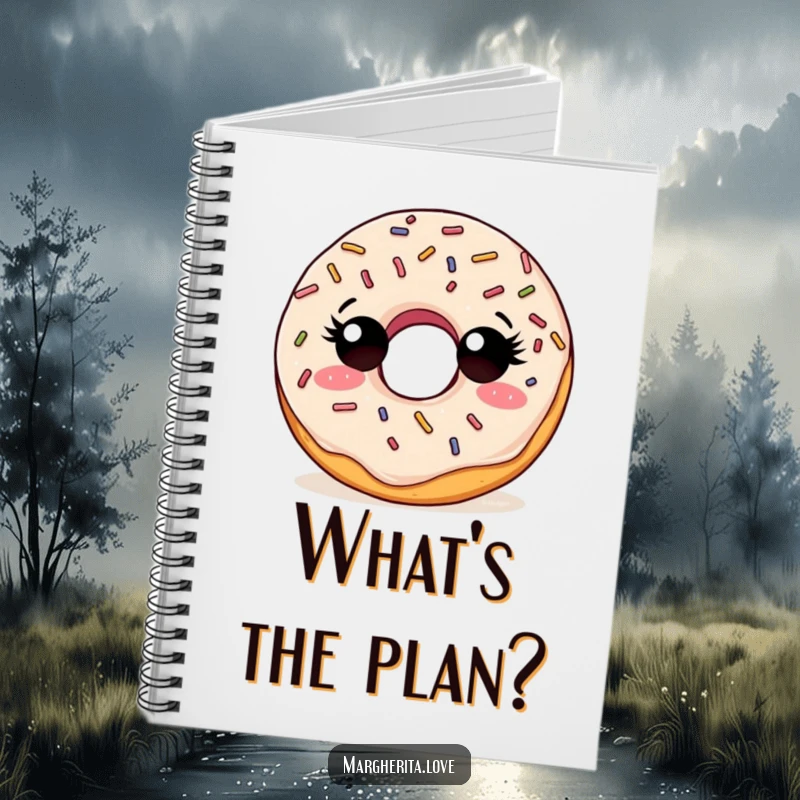 Funny notebook with a curious doughnut character and sprinkles, looking around, ideal for note-taking.