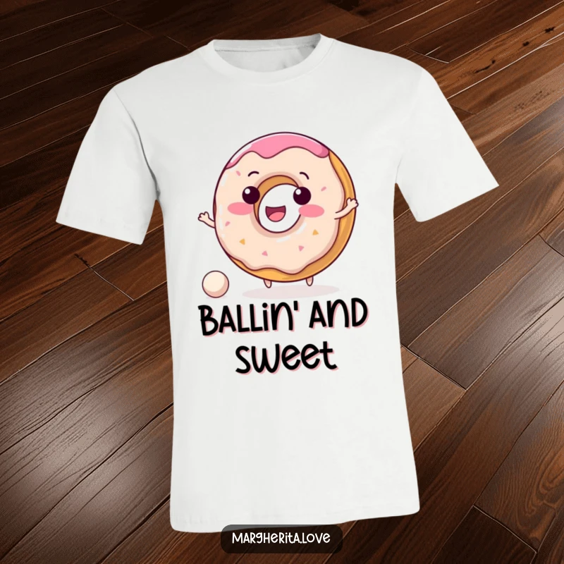 Funny donut t-shirt featuring a delighted donut character in mid-bounce with a tiny ball, exuding pure joy.