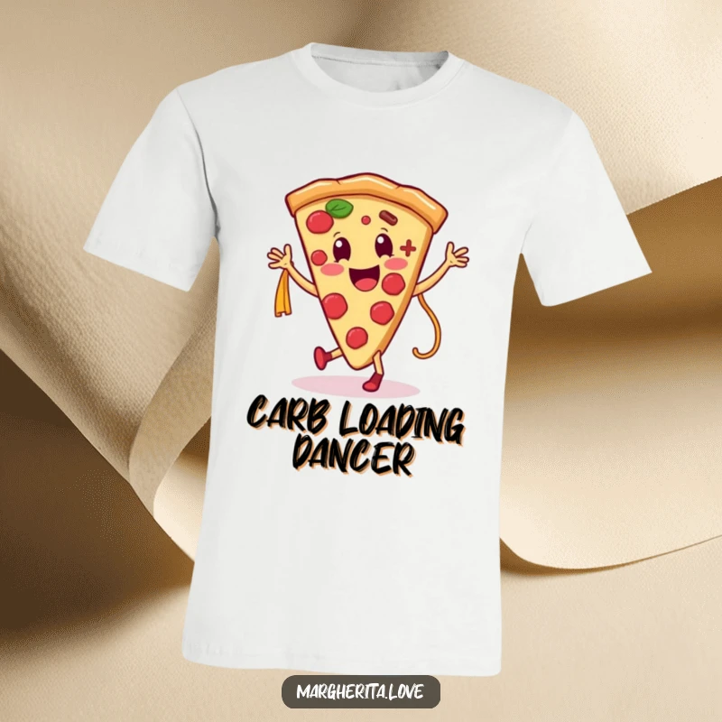 Funny t-shirt with a smiling pizza slice character grooving with a pasta noodle, capturing the fun of delicious food.