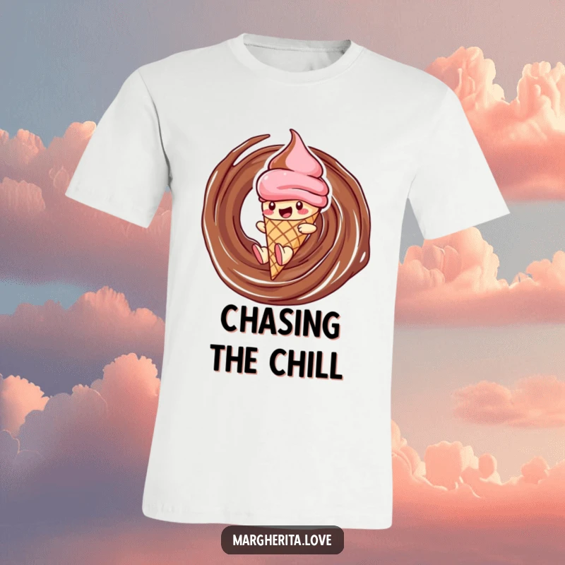 Funny ice cream t-shirt depicting a delighted cone character mid-slide down a chocolate swirl, embodying fun and sweetness.
