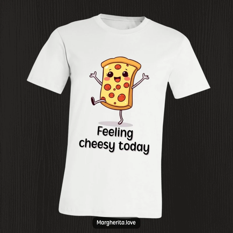 Funny happy pizza slice t-shirt, performing a cartwheel with its legs, embodying joy and deliciousness humorously.