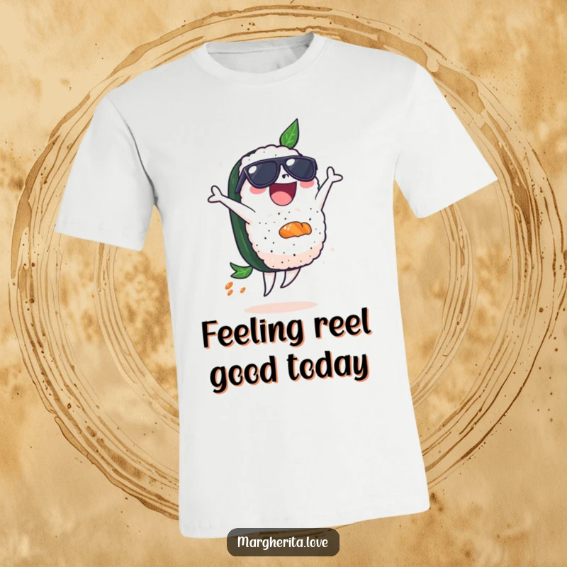 Funny t-shirt with a delighted sushi piece wearing sunglasses, executing a cool backflip, embodying energetic and playful vibes.