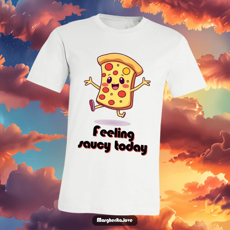 Funny t-shirt with a cheerful pizza slice on legs, doing a joyful dance, radiating happiness and party vibes.