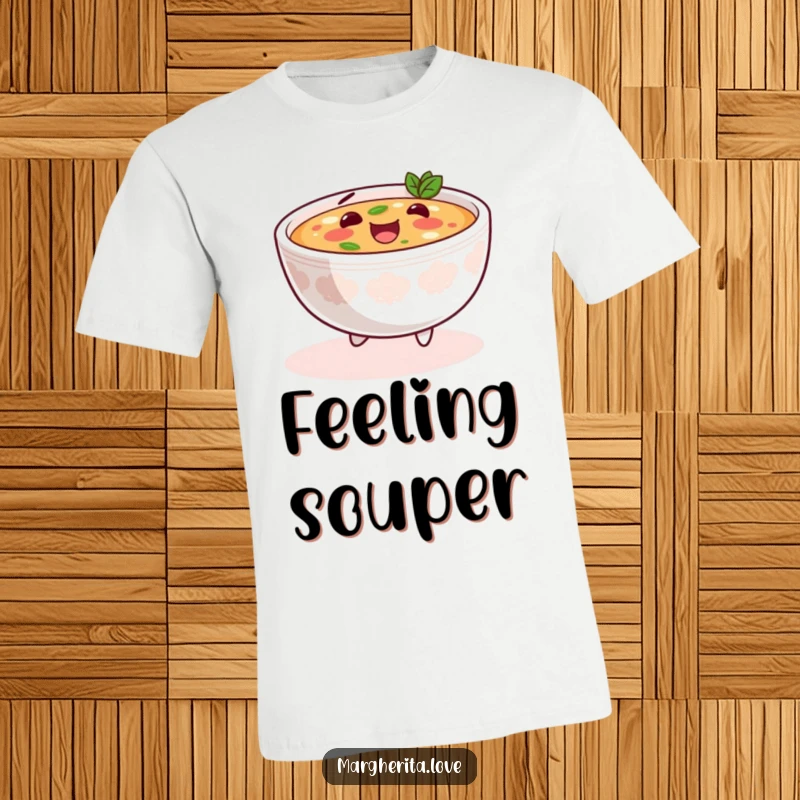 Funny soup skip t-shirt depicting a content bowl of soup doing a happy skip, symbolizing simple joys and comforting moments.