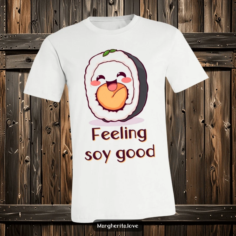 Funny sushi roll wiggle t-shirt depicting a delighted sushi roll wiggling with infectious happiness, perfect for spreading smiles.