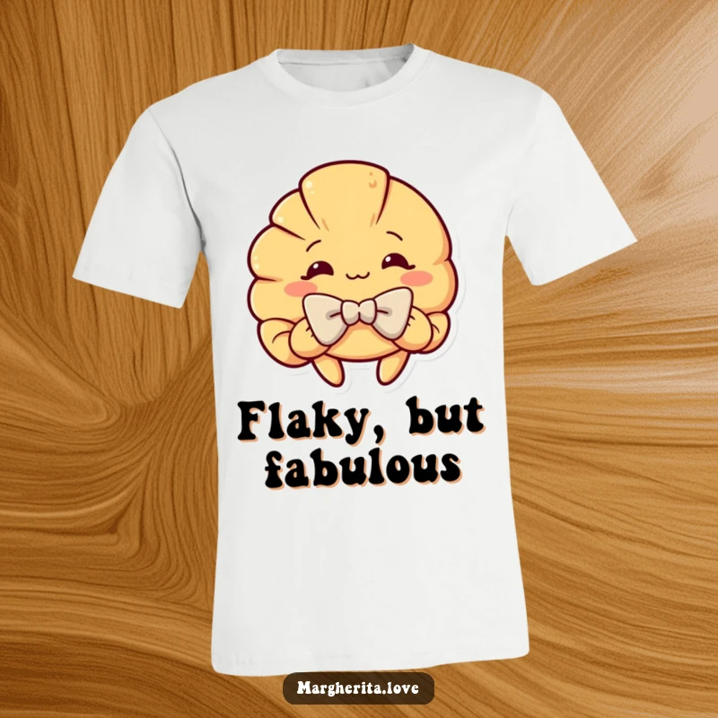 Funny t-shirt with a curious croissant character taking a dramatic, theatrical bow, designed for lovers of humor and baked goods.