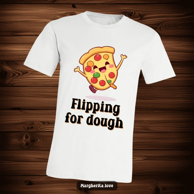 Funny pizza slice character in mid-cartwheel, depicted on a humorous and vibrant t-shirt for pizza enthusiasts.