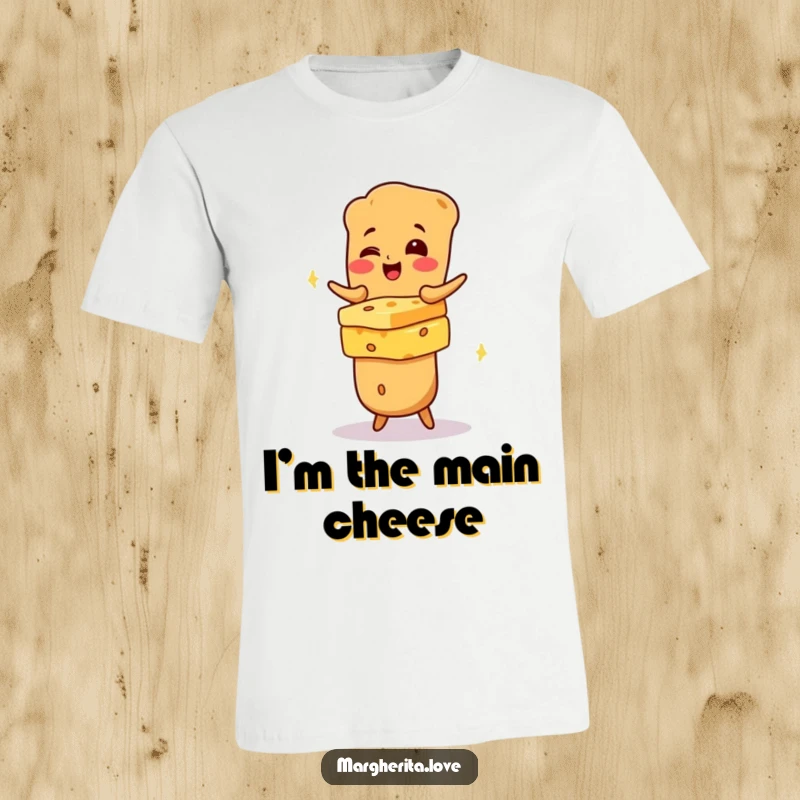 Funny giggling baguette character balancing a tower of cheese, printed on a t-shirt for a hilarious food-themed outfit.