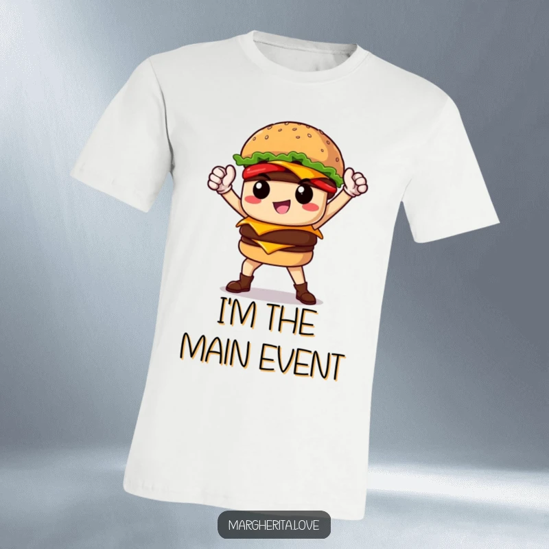 Funny proud burger hero striking an epic pose, printed on a t-shirt for a bold and humorous statement.