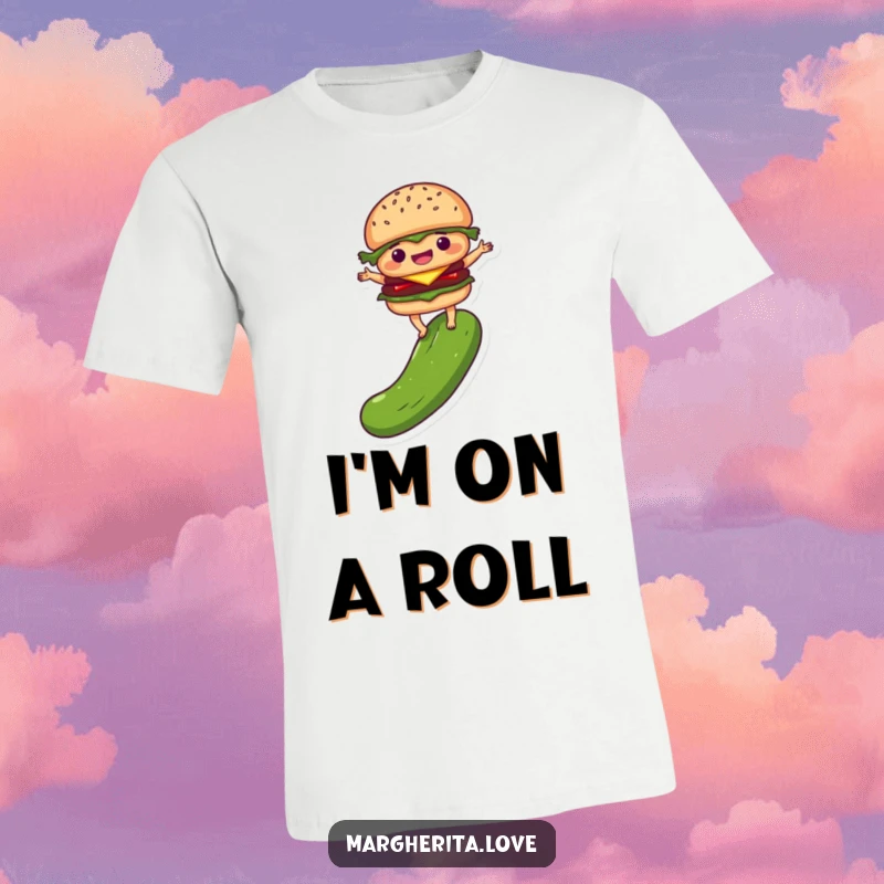 Funny T-shirt showcasing a delighted burger person balancing on a pickle, perfect for adding quirky food humor.