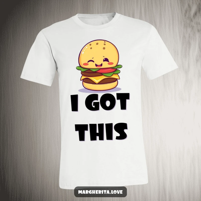 Funny cheeseburger wink t-shirt depicting a giggling cheeseburger giving a playful wink, symbolizing cheeky humor and deliciousness.