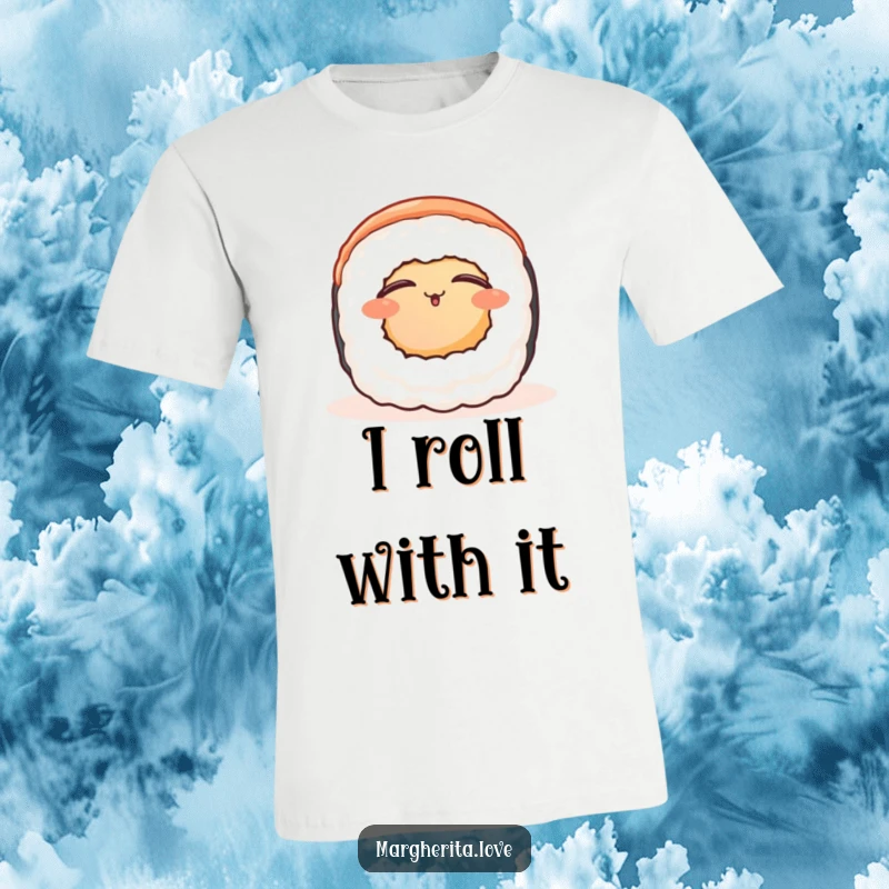 Funny contented sushi roll t-shirt, depicting a peaceful sushi roll with closed eyes, radiating warmth and calm.
