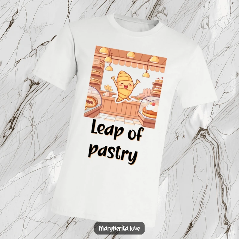 Funny t-shirt with a cheerful croissant character captured in a joyful leap, radiating happiness in a bakery scene.