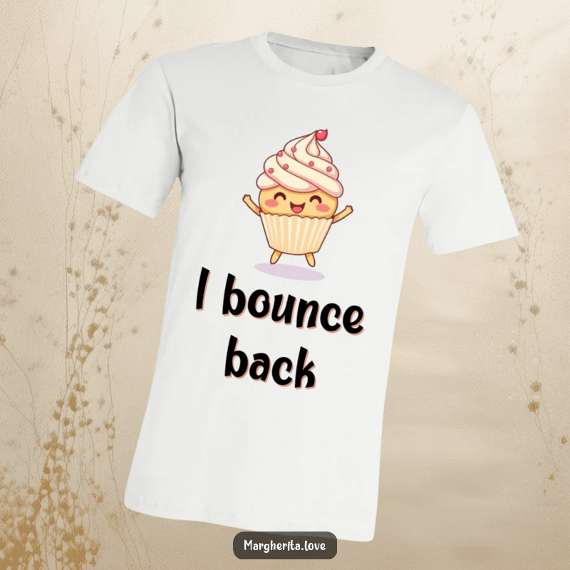 Funny t-shirt with a cheerful cupcake actively bouncing a ball, embodying playful spirit and sweet energy.