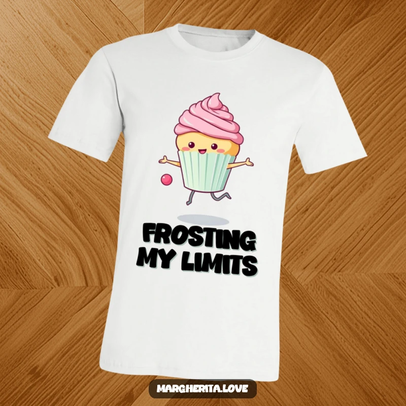 Funny t-shirt: A happy cupcake character skips rope with enthusiasm, its frosting flying playfully, showcasing energetic fun.