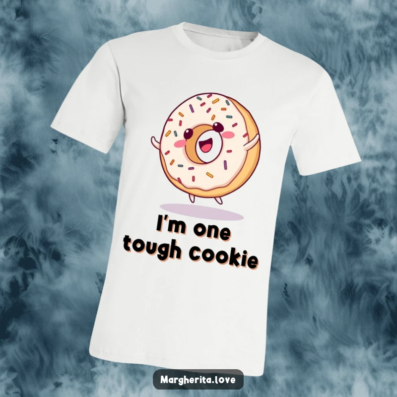 Funny t-shirt with a giggling donut covered in sprinkles, doing a cartwheel, radiating playful and sweet energy.