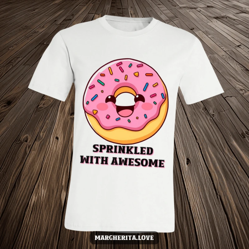 Funny donut t-shirt showcasing a cute donut with sprinkles, happily grinning wide, perfect for casual wear and expressing joy.