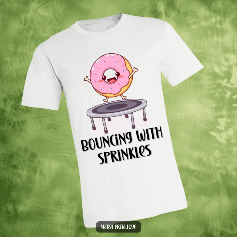 Funny bouncy donut character joyfully jumping on a trampoline, T-shirt.