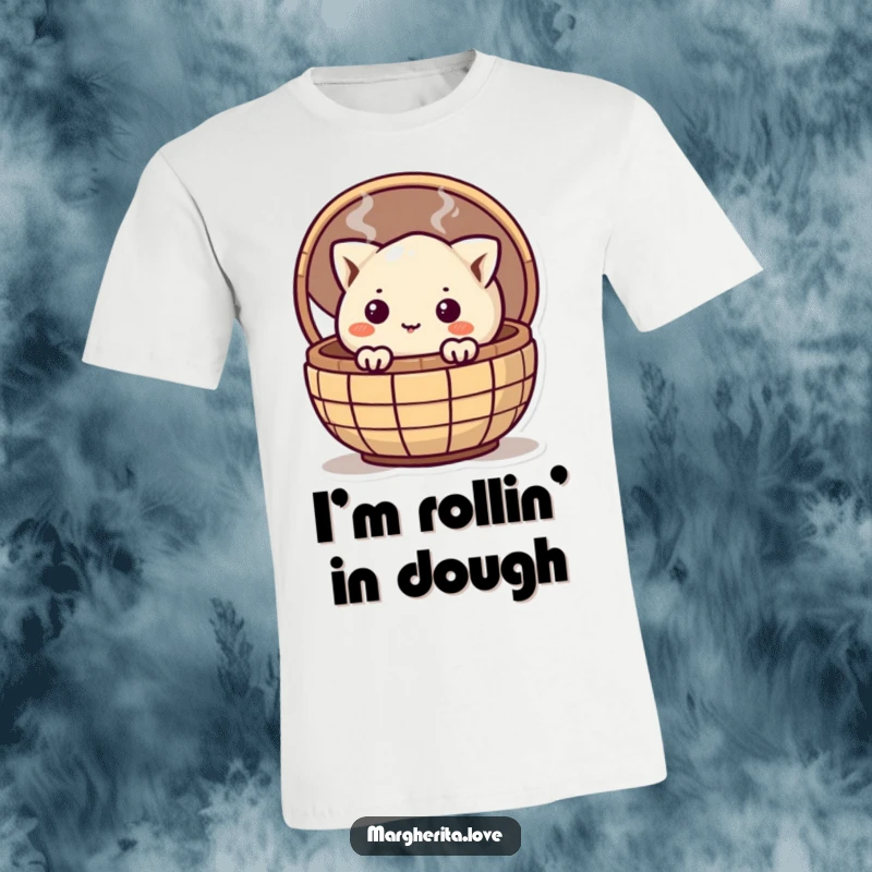 Funny curious dumpling peeking from a steamy basket, printed on a t-shirt for a charming and humorous look.