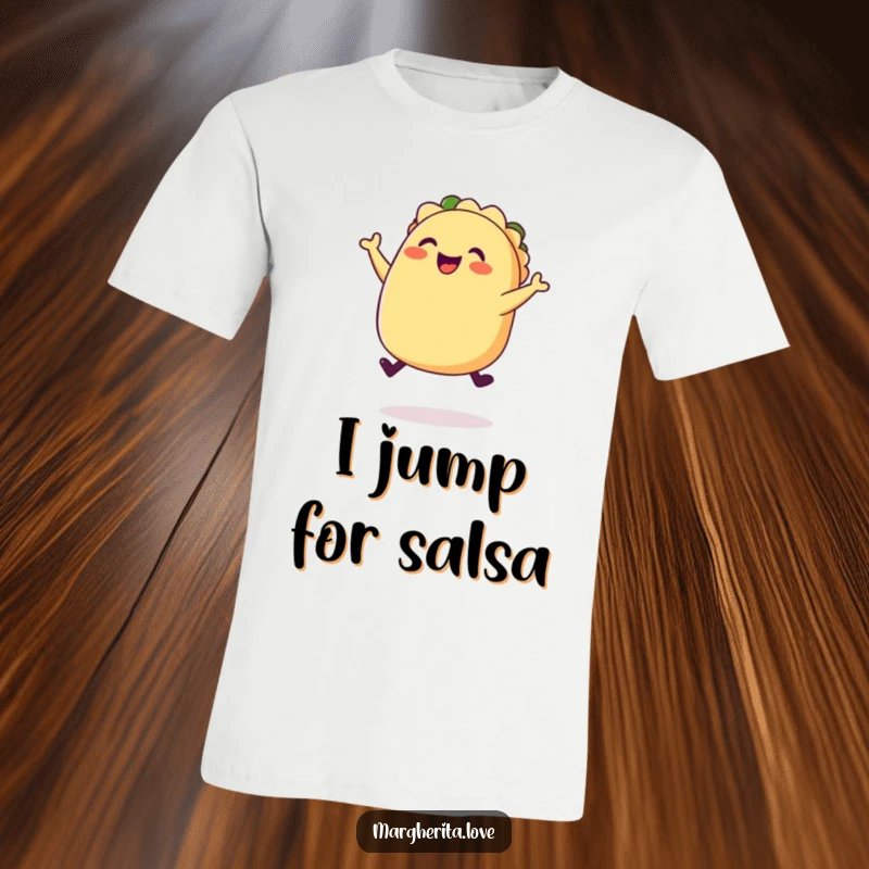 Funny happy taco jump t-shirt, depicting a plump, smiling taco with legs joyfully jumping, full of energy.