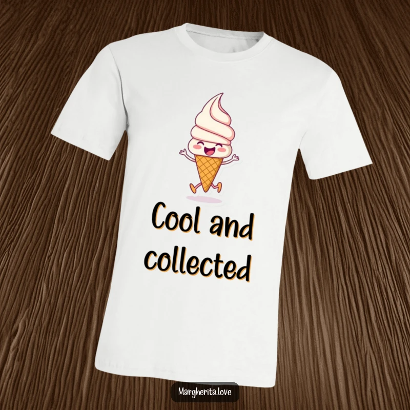 Funny ice cream t-shirt showing a beaming ice cream cone joyfully skipping, exuding happiness and playful energy.