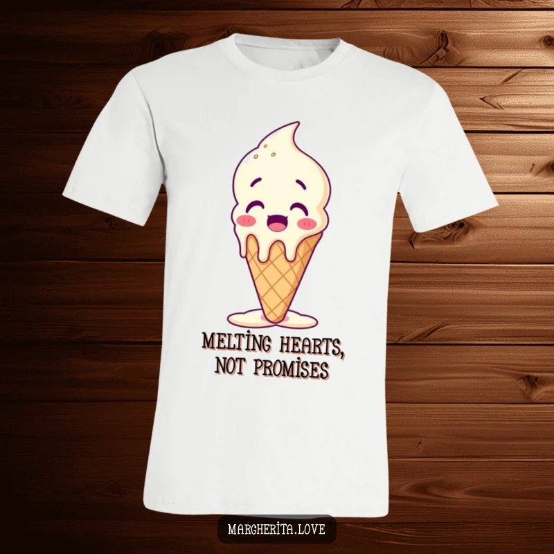 Funny ice cream cone t-shirt with a surprised character melting happily, great for casual wear and summer vibes.