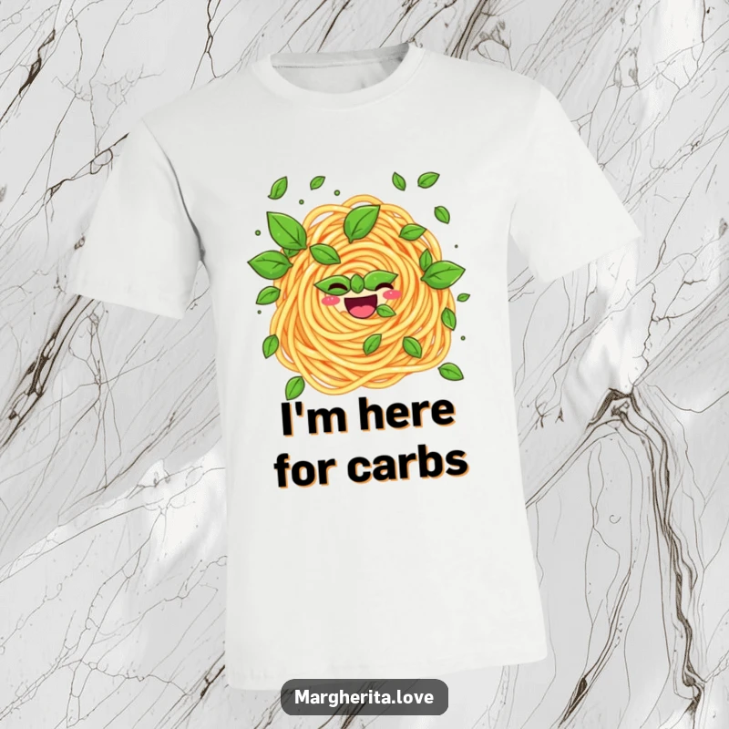 Funny t-shirt showcasing a cheerful pasta swirl masterfully juggling fresh basil leaves with a comical flair.