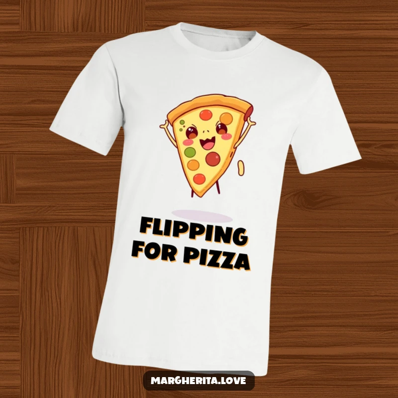 Funny t-shirt print of a happy pizza slice with legs doing a cartwheel, showcasing energy and humor, great funny gift.