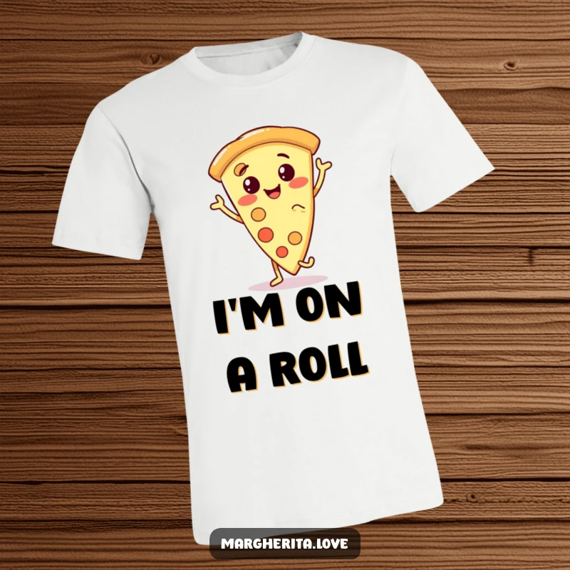 Funny pizza slice t-shirt showcasing a smiling, anthropomorphic pizza character in a lively dance pose, radiating happiness and humor.