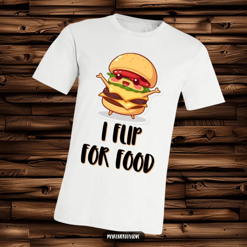 Funny t-shirt with a playful burger character gleefully flipping itself, perfect for expressing a love for food and humor.