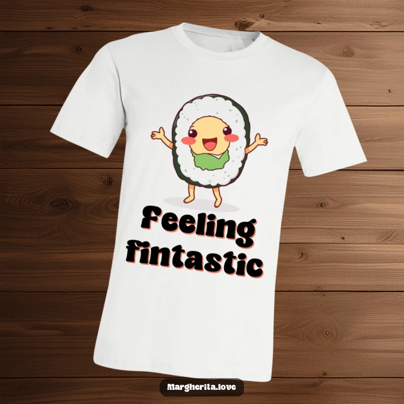 Funny t-shirt depicting a joyful sushi roll character busting a move with energetic and comical dance steps.