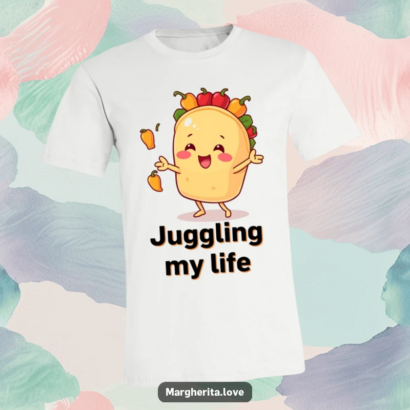 Funny t-shirt showcasing a happy taco character masterfully juggling miniature bell peppers with enthusiastic gusto and a wide smile.