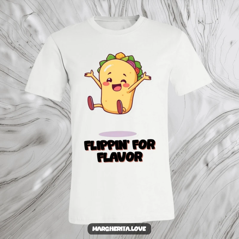 Funny taco character doing an energetic cartwheel with a look of pure excitement on a t-shirt.