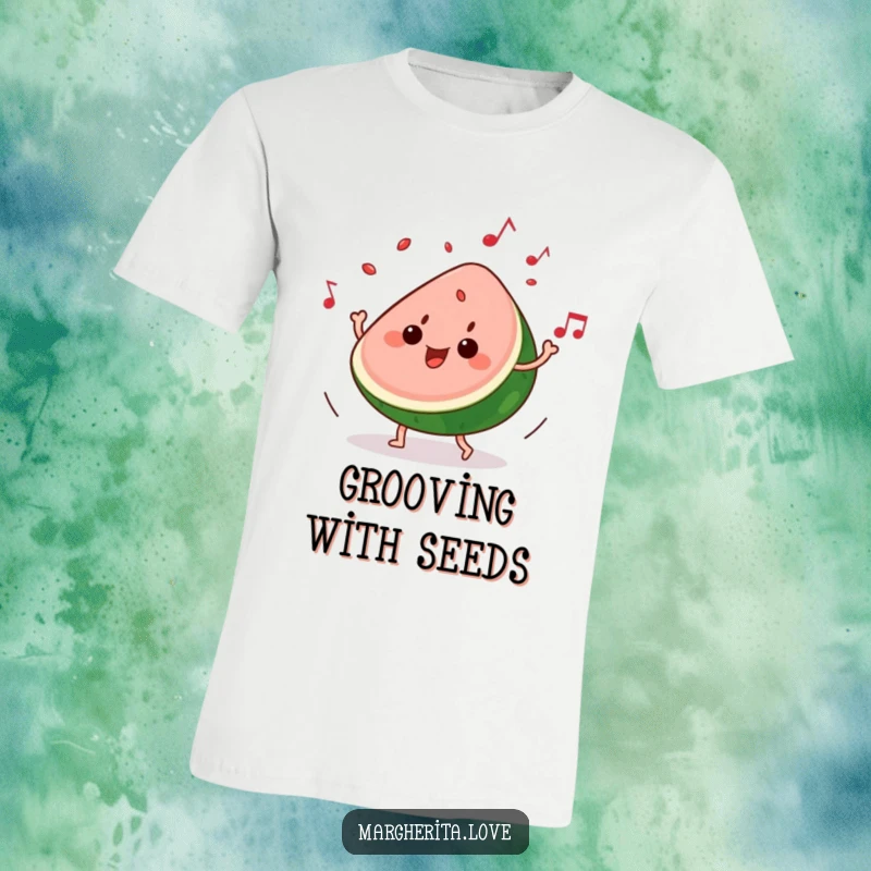 Funny t-shirt: A slice of watermelon dances to music, its seeds playfully popping out, showcasing a vibrant and groovy vibe.