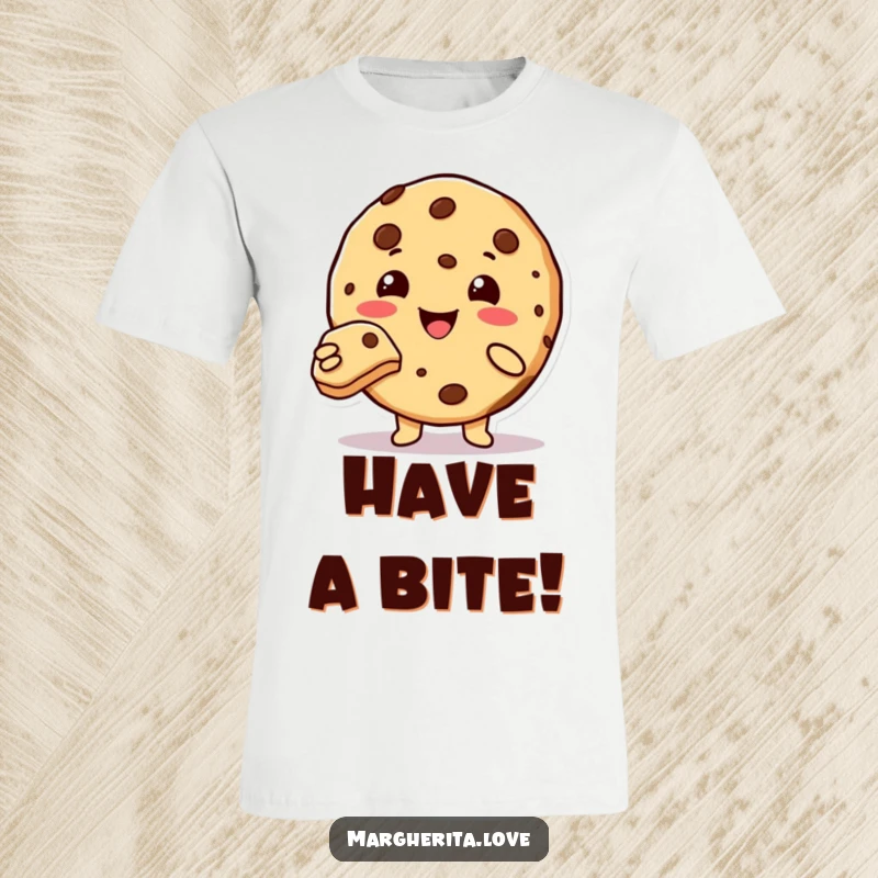 Funny cute cookie character smiling and offering a piece of itself, T-shirt.