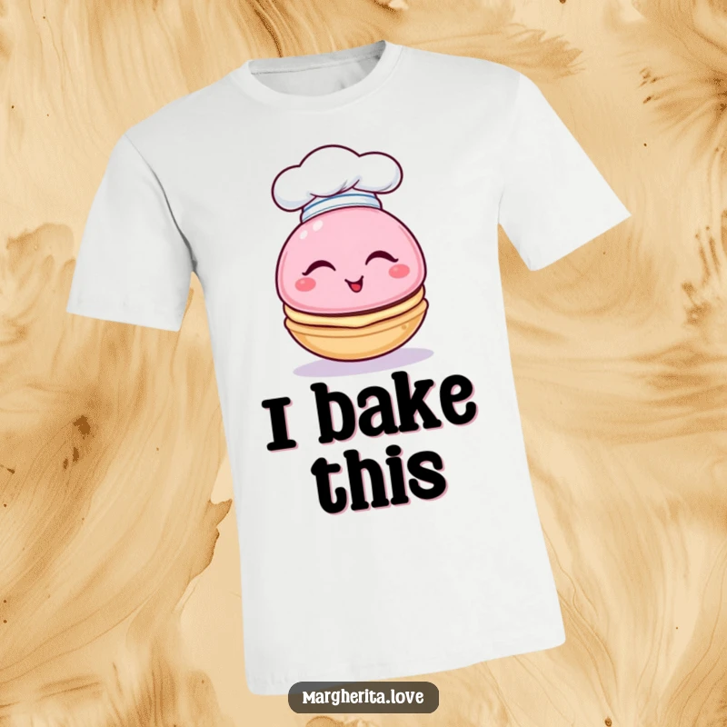 Funny t-shirt depicting a playful macaron character winking cheekily while wearing a miniature chef hat, exuding charm.