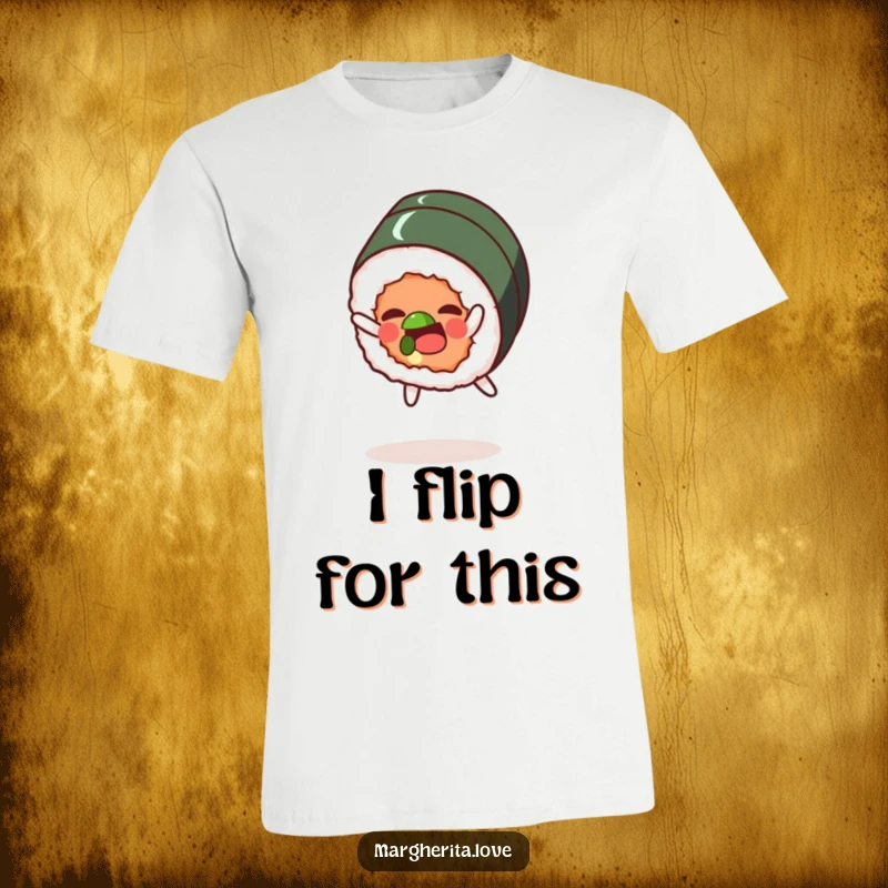 Funny t-shirt depicting a cheerful sushi roll character performing a playful somersault with enthusiasm and a joyous expression.