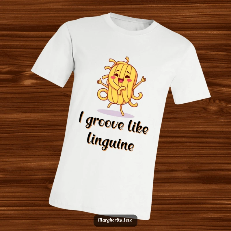 Funny pasta character performing a ridiculously silly dance, printed on a tee for ultimate foodie fun and laughter.