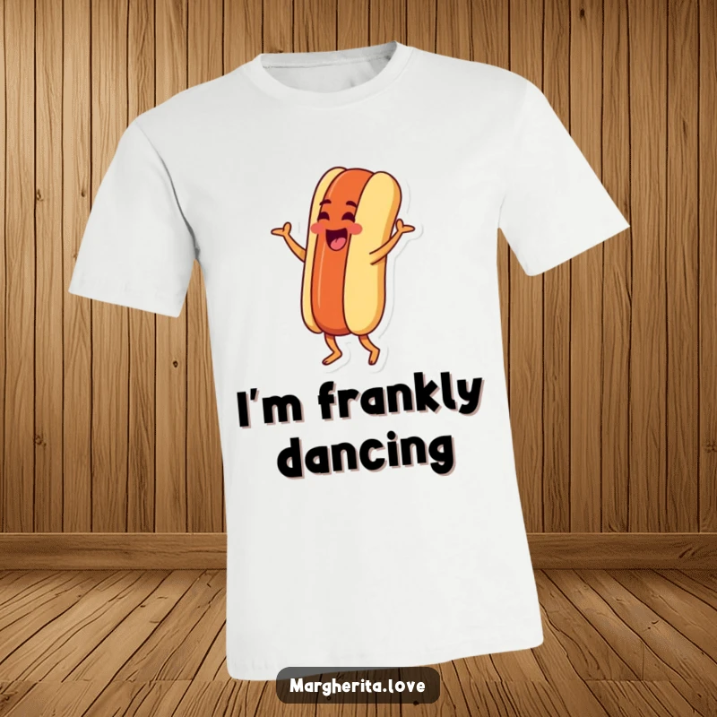 Funny t-shirt showcasing a goofy hot dog character doing a silly jig, perfect for spreading cheer and lightheartedness.