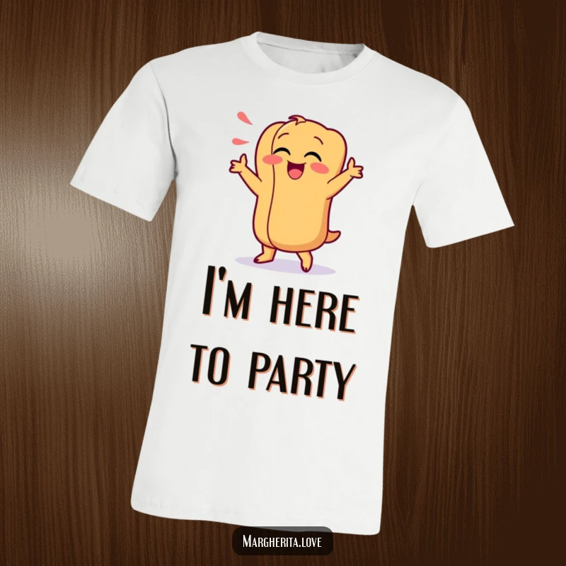 Funny t-shirt showcasing a giggling hot dog character doing a wacky and energetic dance, ideal for parties and casual wear.
