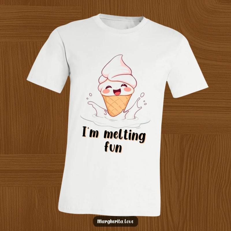 Funny T-shirt showcasing a giggling ice cream cone person splashing playfully in milk, perfect for adding sweet humor.