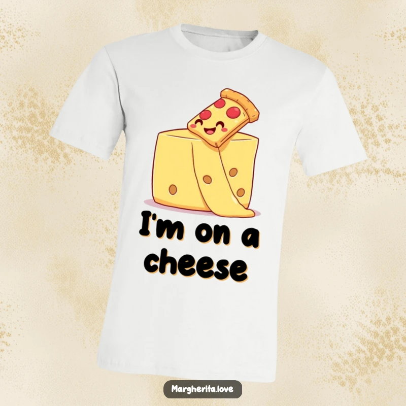 Funny pizza slice sliding down a thick, gooey strand of cheese with a smile on a t-shirt.