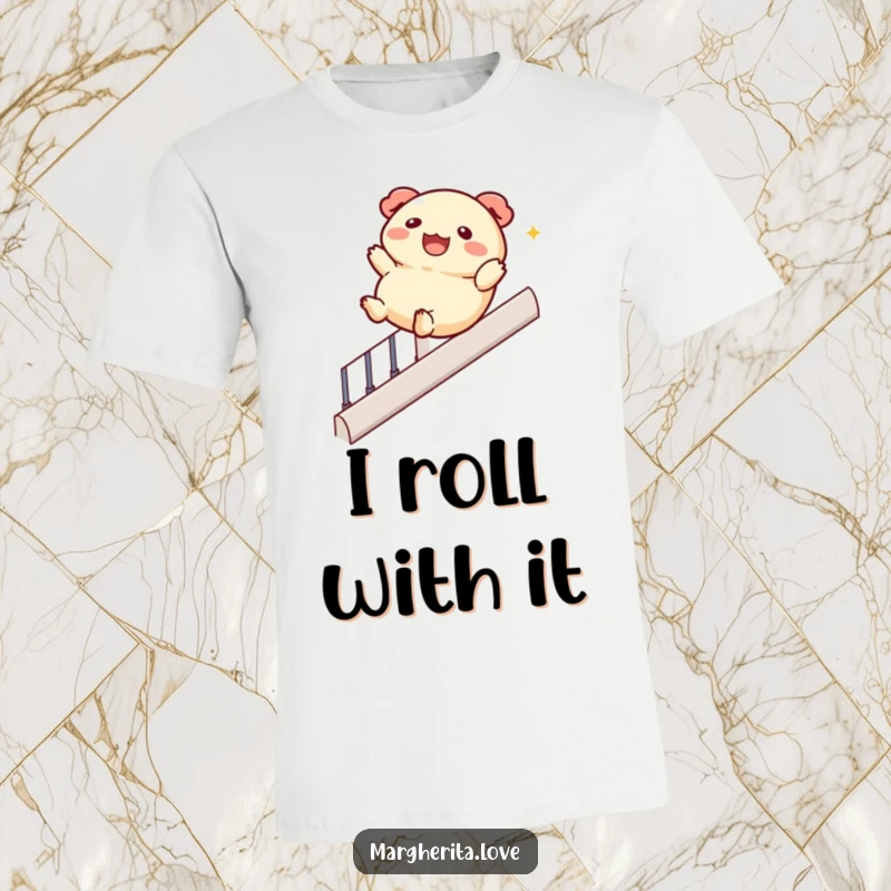 Funny t-shirt with a jolly dumpling character gleefully sliding down a banister, ideal for expressing a fun-loving and adventurous spirit.