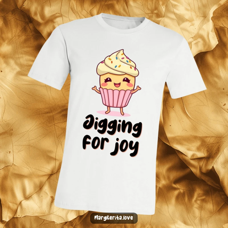 A giggling cupcake character with sprinkles doing a little jig on a t-shirt, radiating pure, infectious happiness.