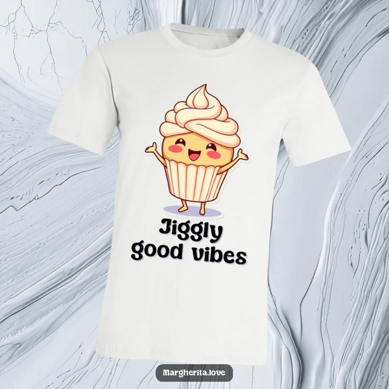 Funny cupcake t-shirt depicting a joyful character with frosting, mid-jig, perfect for expressing happiness and a love for sweets.