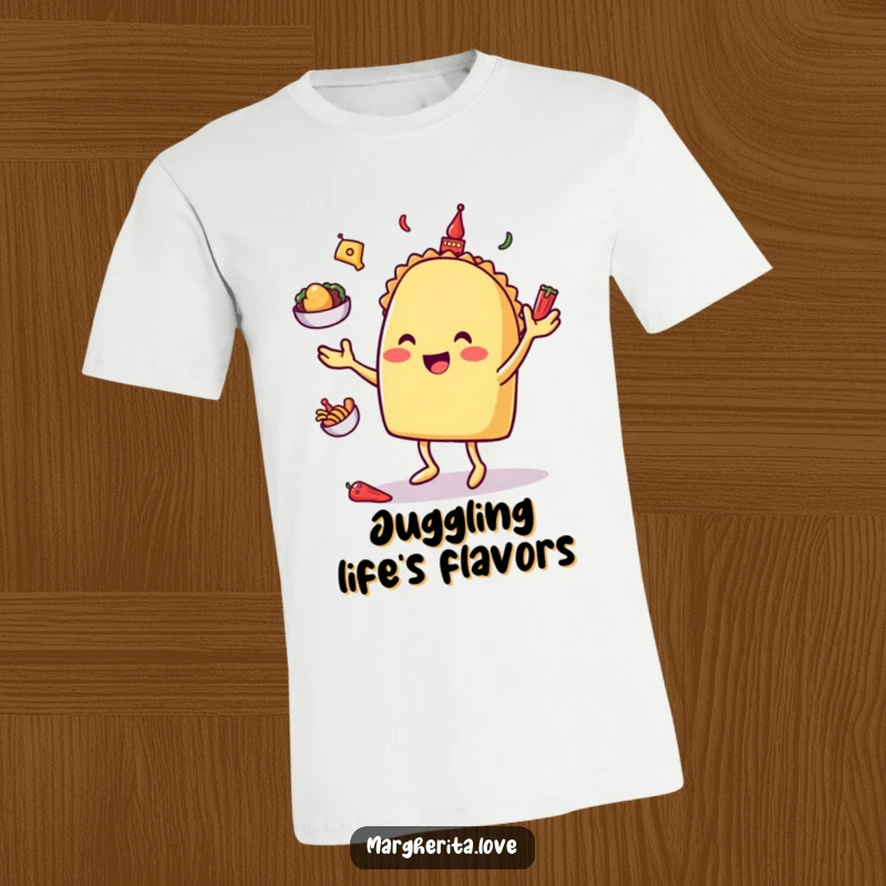 Funny taco character skillfully juggling miniature toppings, depicted on a humorous and lively t-shirt.