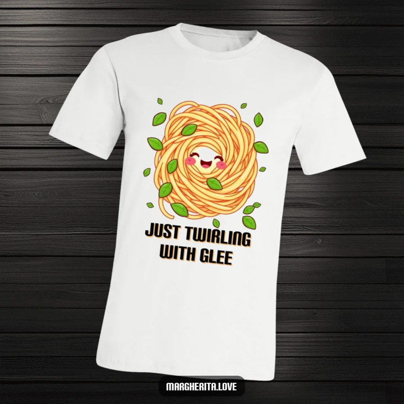Funny t-shirt with a happy pasta swirl character expertly juggling tiny fresh basil leaves, perfect for food lovers who enjoy humor.