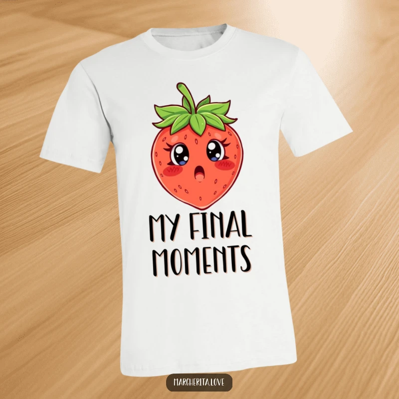Funny T-shirt showcasing a wide-eyed, terrified strawberry character with a funny, relatable expression.