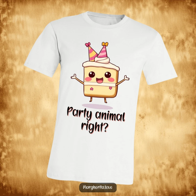 Funny T-shirt with a cheerful, bouncing cake slice character in a party hat, full of joy.