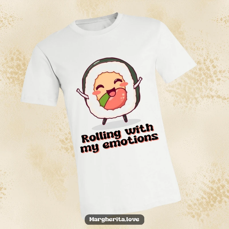 Funny sushi roll t-shirt with a delighted character dancing joyfully, ideal for casual wear and food enthusiasts.